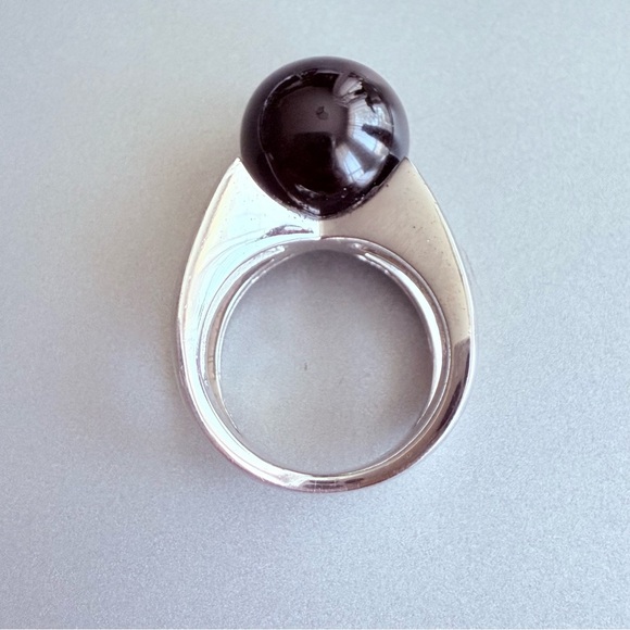 Modernist Black Onyx Sphere Ball Sterling Silver Ring TD Designer - Picture 9 of 15